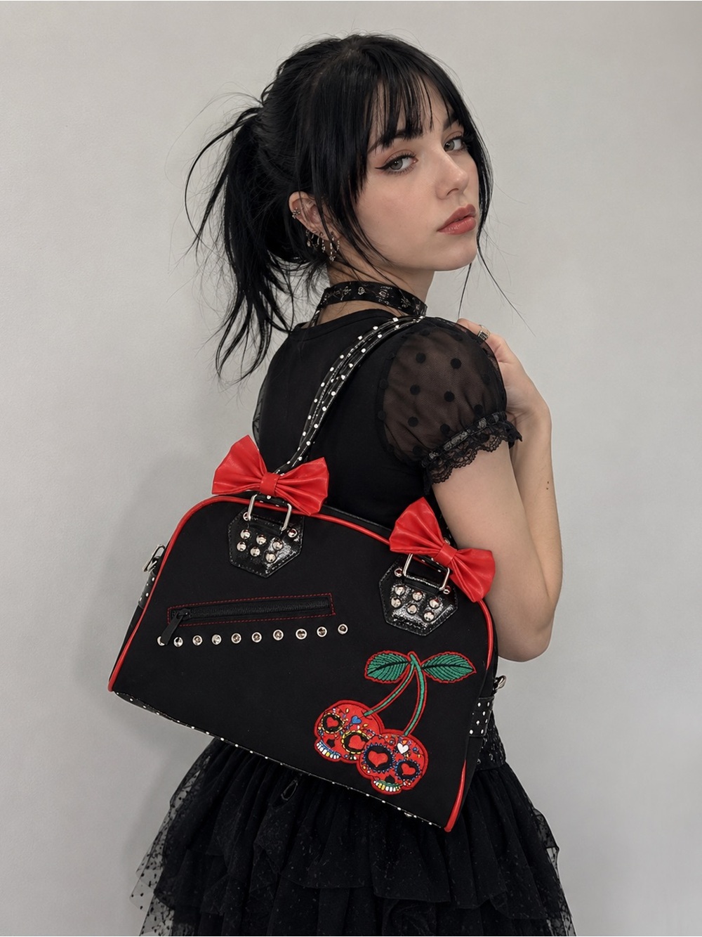 Lost Queen Cherry Bomb Skull Cherries Polka Dot Bow Handbag Rockabilly Black Red